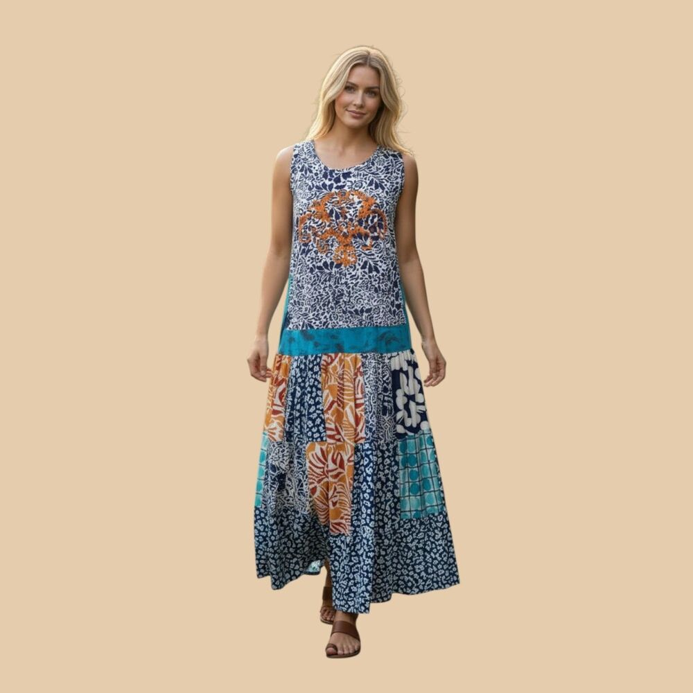 Handmade upcycled Multicolor Sleeveless Patchwork Drop Waist Dress